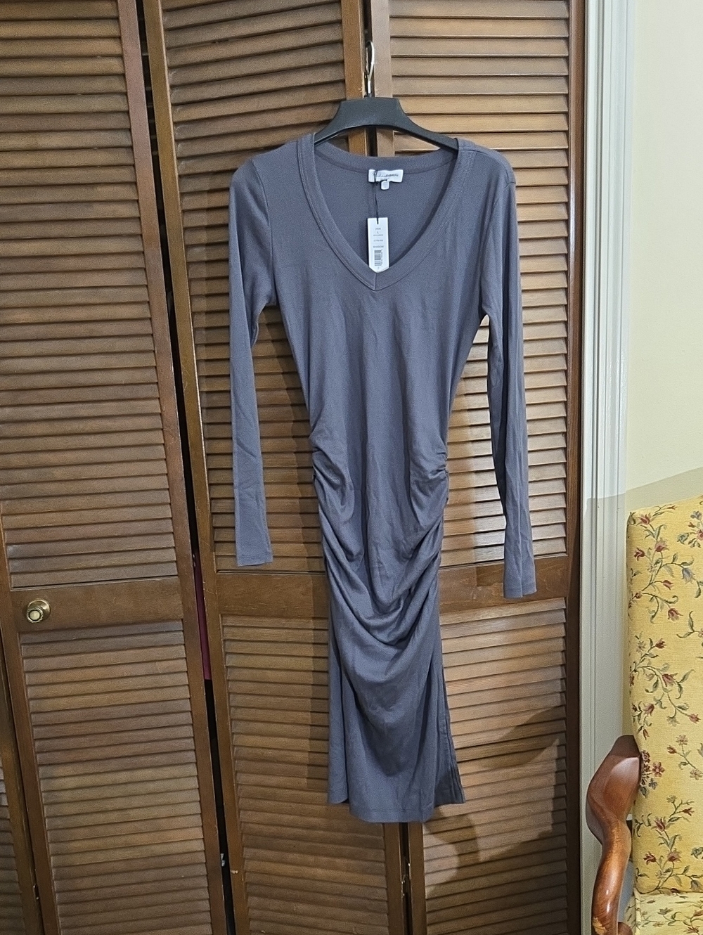 Michael Stars Charcoal V-Neck Long Sleeve Ruched Midi Dress